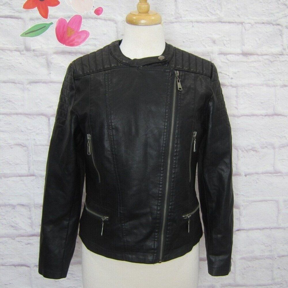 Olivia Miller Womens Faux Leather Zip Up Moto Biker Jacket Black Size M New!